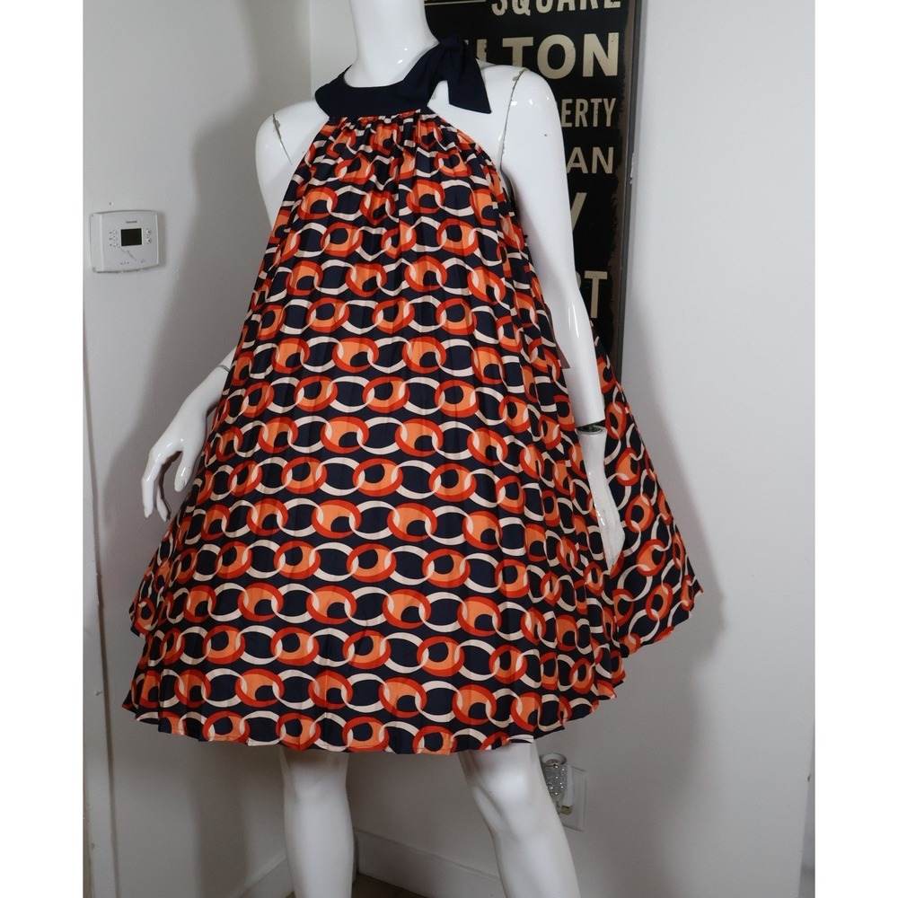 Smak Parlour Unique Vintage Dress Medium Navy Orange Pleated Halter Trapeze